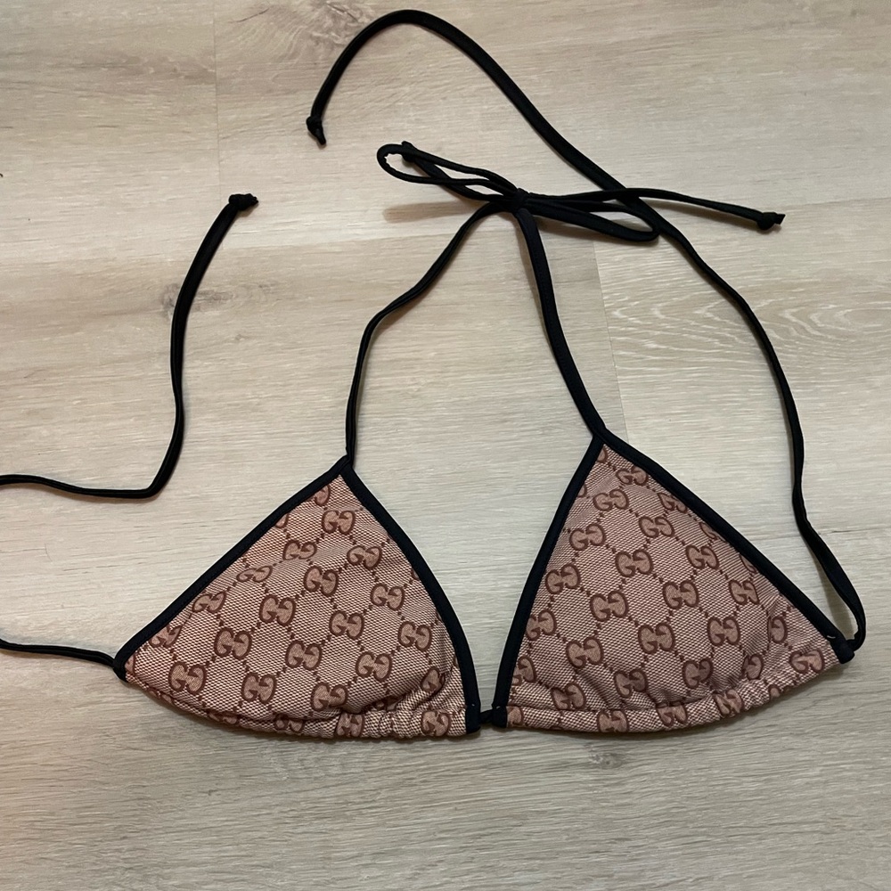 Tan and Black Logo Bikini Top